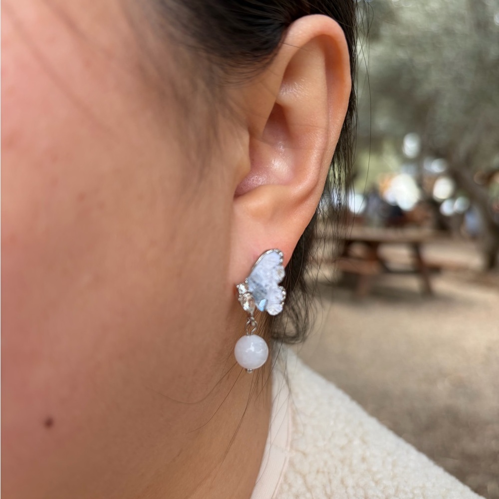 Elegant Butterfly Drop Earrings – Silver Tone with Natural Frosted Stone - Picture 2 of 5